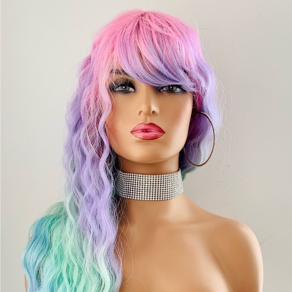 30” Unicorn Color Premium Fiber Wig with Bangs for Events or Daily Wear - Picture 8 of 13